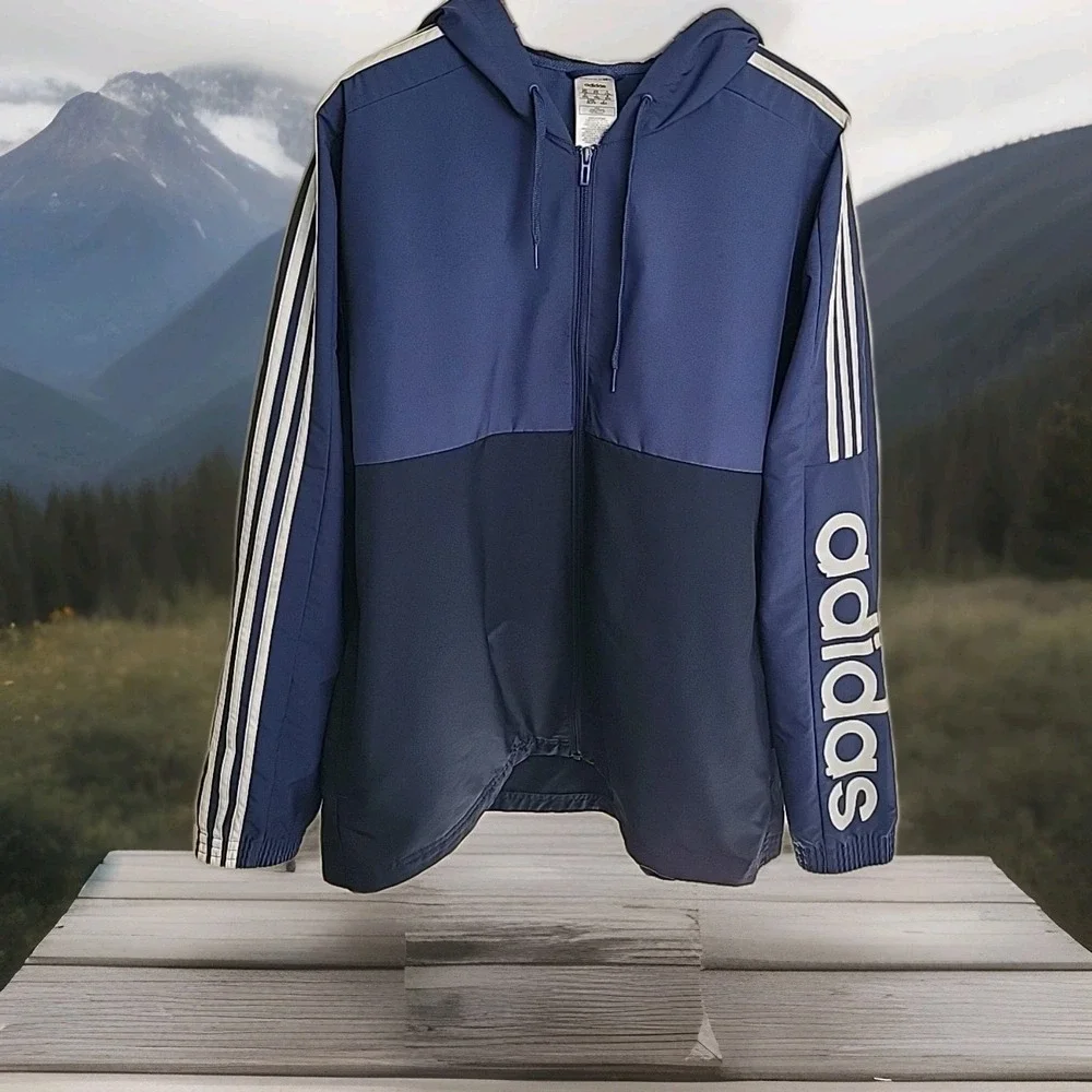 Adidas Essentials Colorblock Windbreaker Hooded Men's 2XL Blue Pockets Zipper‎